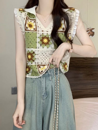 Women's Vintage Crochet Hollow Out Embroidered Sleeveless Cardigan Summer Bohemian Loose Fungus Hem Sweater Top Blouse