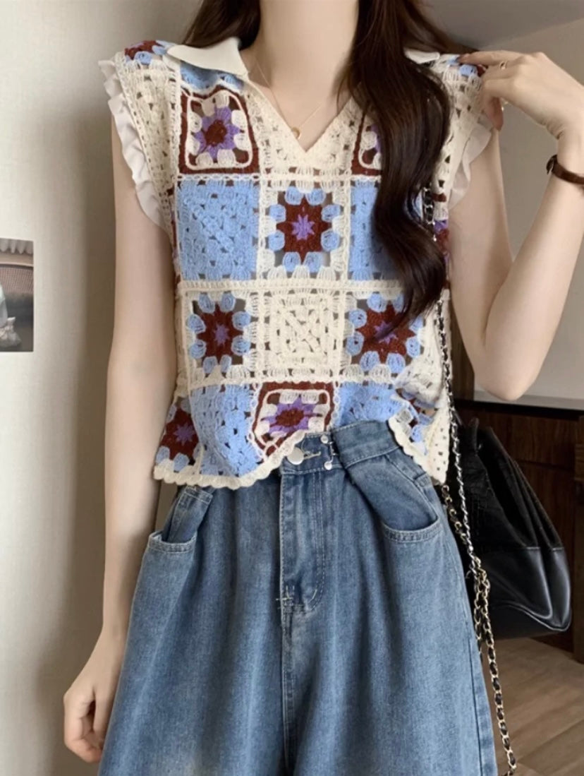 Women's Vintage Crochet Hollow Out Embroidered Sleeveless Cardigan Summer Bohemian Loose Fungus Hem Sweater Top Blouse